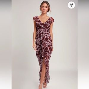 Wayf Marie Burgundy Floral Print Ruched Lace Ruffled Maxi Dress Size XS
